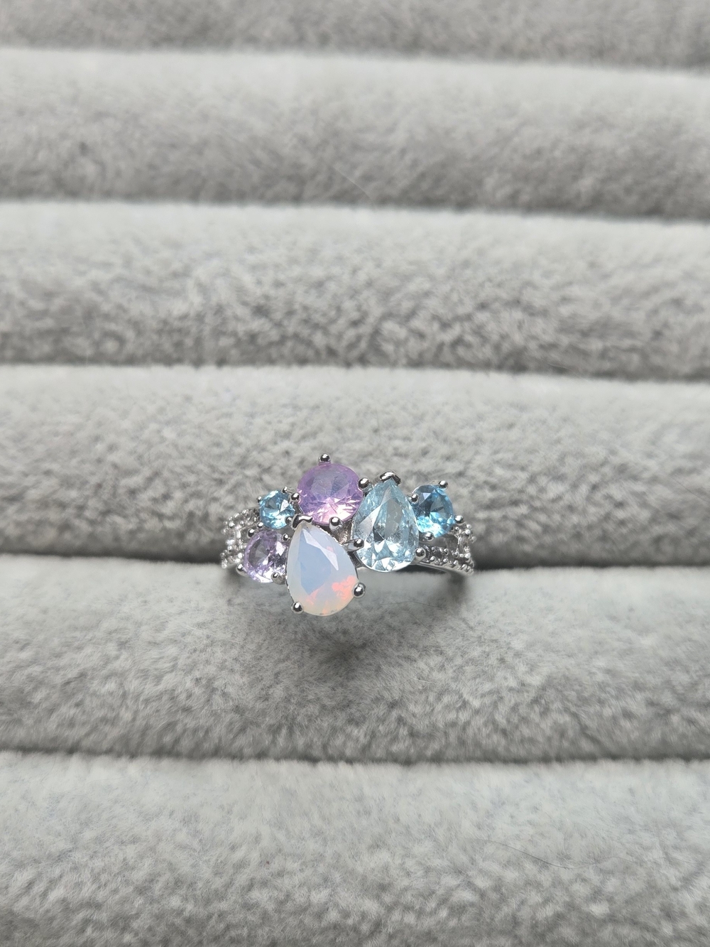 Size 6 Blue/Purple Topaz Cubic Zirconia Moonstone Rhodium Plated Bomb Party Ring